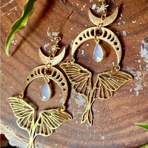 Gold Tone Hollow Moon Stone Phases & Butterfly/Moth Drop Earrings